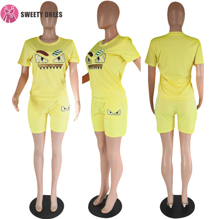 9S00729 Women summer cartoon monster embroidered short sport two piece set