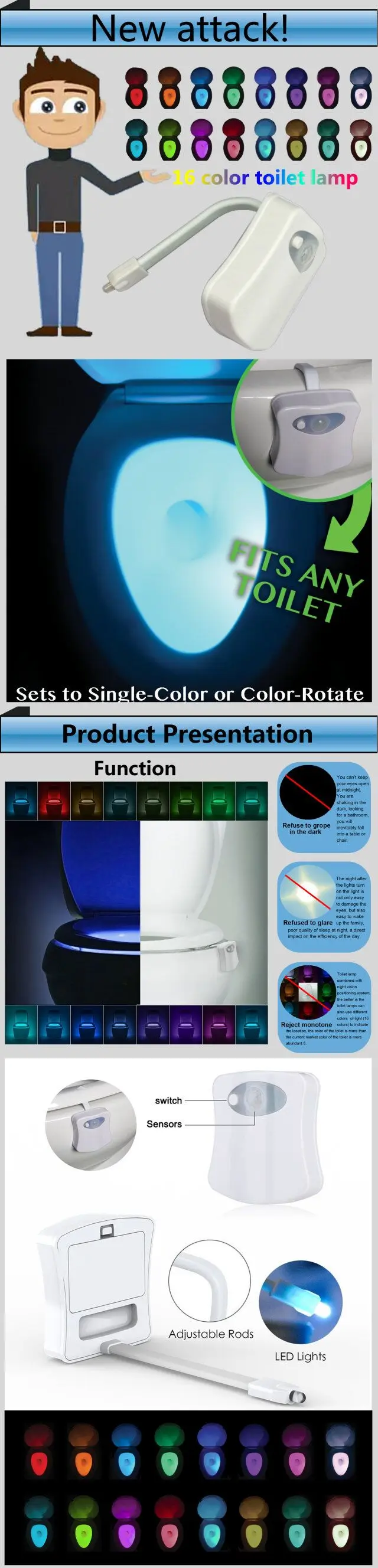 16 Color Changing Toilet Body Sensor Lights /led Motion Night Light Rgb