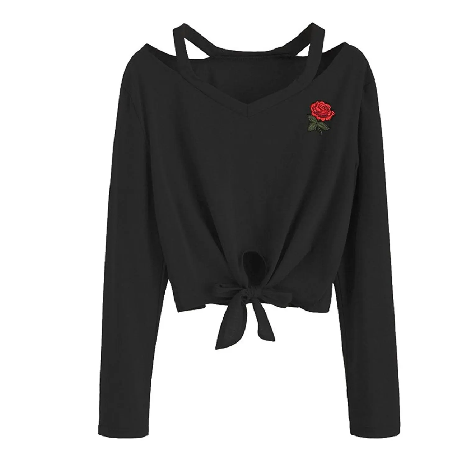 Zimaes-Women Loose Polo V-Neck Knot Embroidery Rose Crop Top T-Shirt