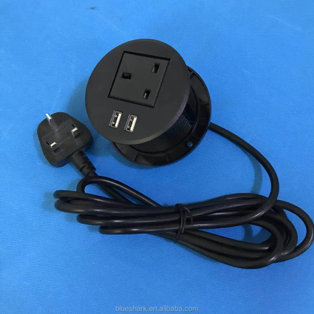 Plastic Black Round Cut Out 80mm Uk Round Desk Power Socket With Fixed 