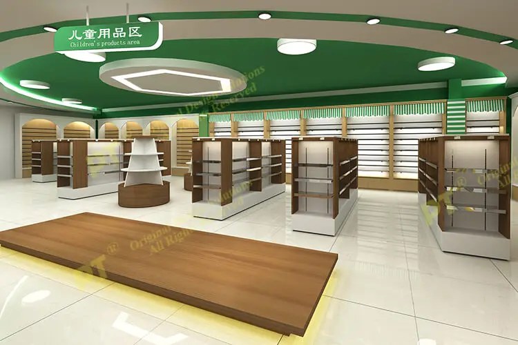 Retail Gondola Mdf Pharmacy Furniture Shelf Wooden Pharmacy Display