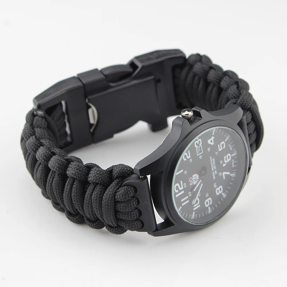 Military Tactical Paracord Bracelet With Waterproof Quartz Watch For