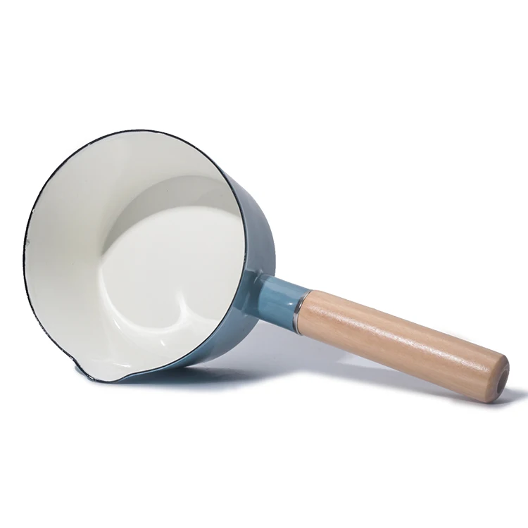 Cast Iron Carbon Steel Enamel Milk Pot With Wooden Handle For Cooking