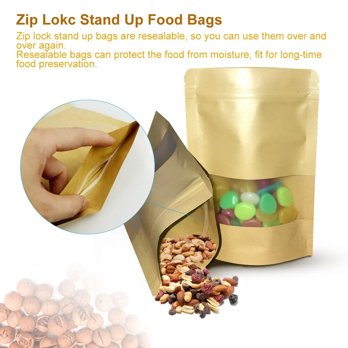 Zip Lock Stand Up Food Storage Resealable Kraft Paper Bags With Clear