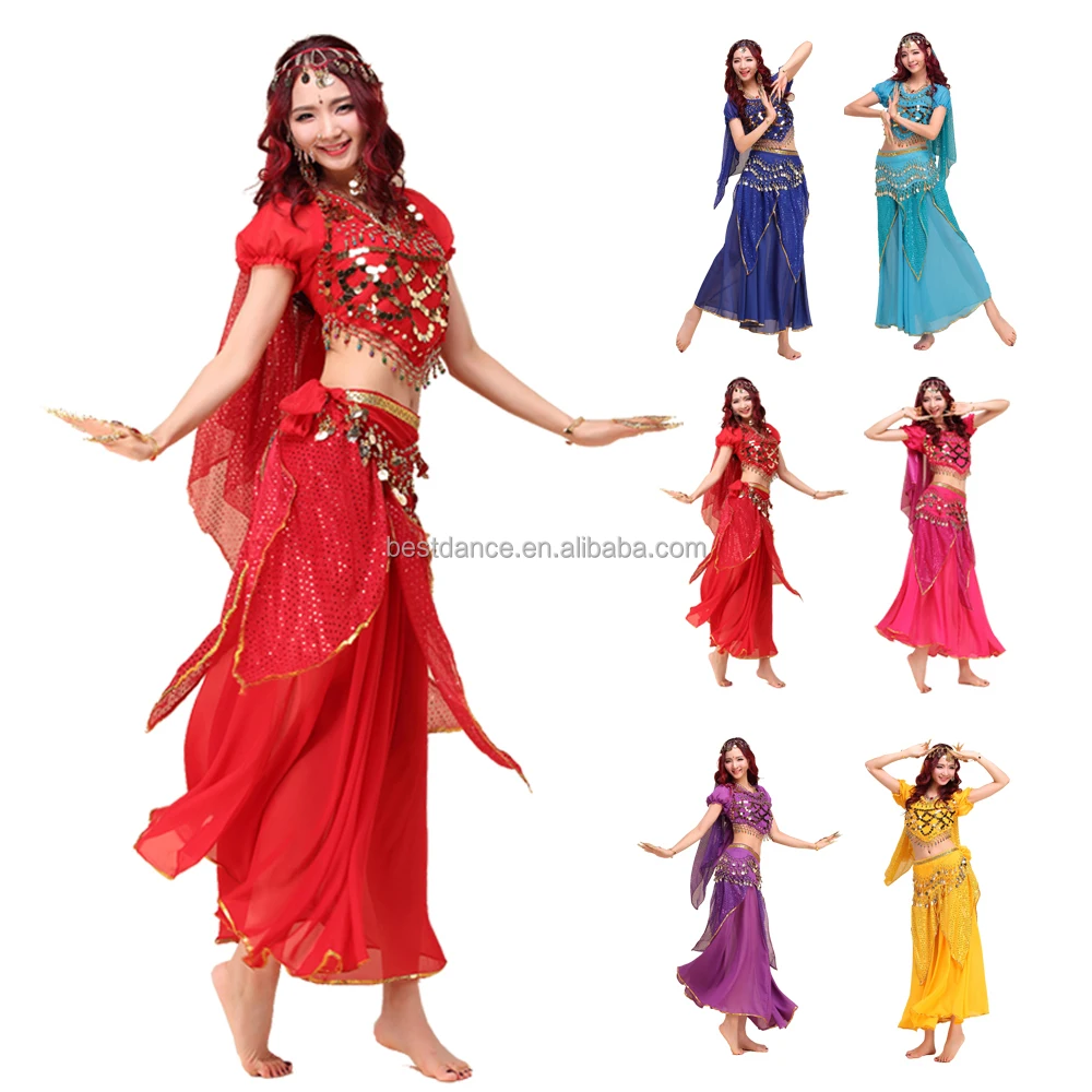 Indian Dance Costume Belly Dance Set  Shiny Bells Top Highlights Skirt Hip scarf 