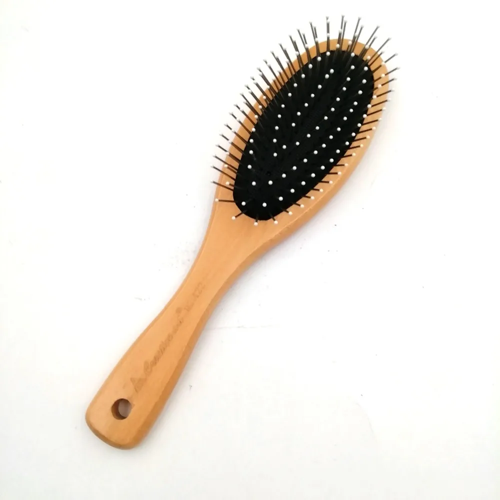 Custom Logo Hairbrush Metal Pins Bristle Round Paddle Detangling Wooden
