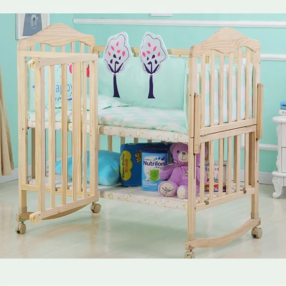 Natural Color Baby Single Sleigh Bed Cribs Wooden Baby Swing Bed