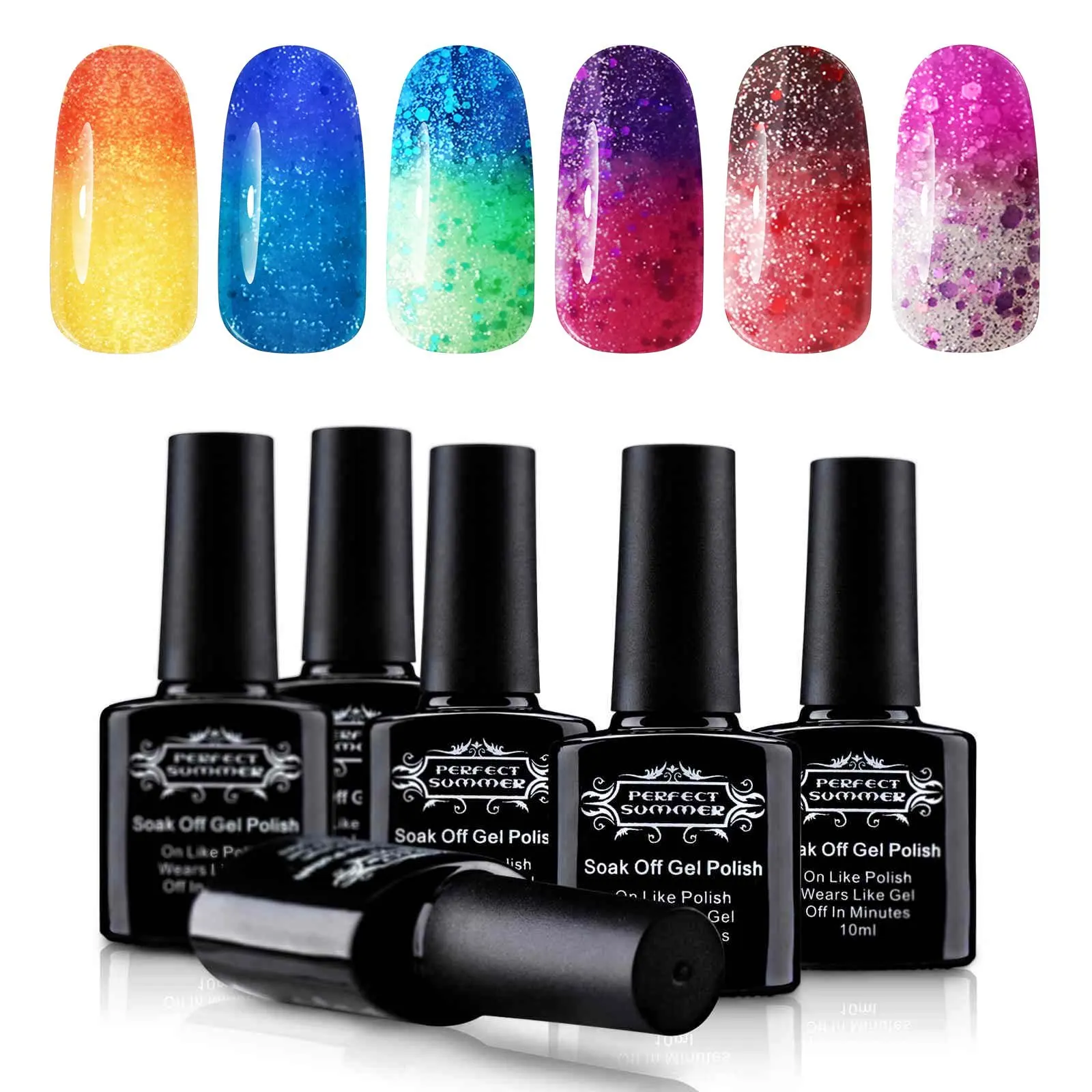 Soak Off UV/LED Gel Nail Polish, Mood Changing, Chameleon Temperature Colors Changes Thermal Lacquers, Pack of 6 x 10ml -Set #02 by Perfect Summer