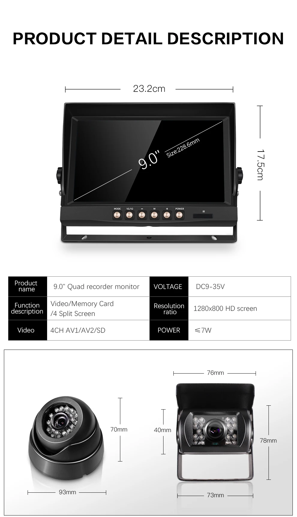 Split Screen Truck &Bus AHD Camera Recorders System with 9 Inch Monitor