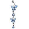 Women pretty belly rings navel piercings jewelry blue cz stone dangle belly button ring with two butterfly