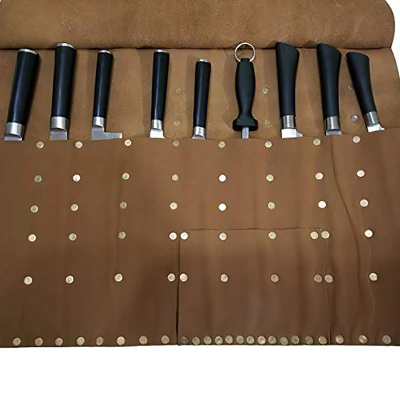 Wholesale Custom Genuine Leather Knife Roll Bag Chef Knife Set With Bag