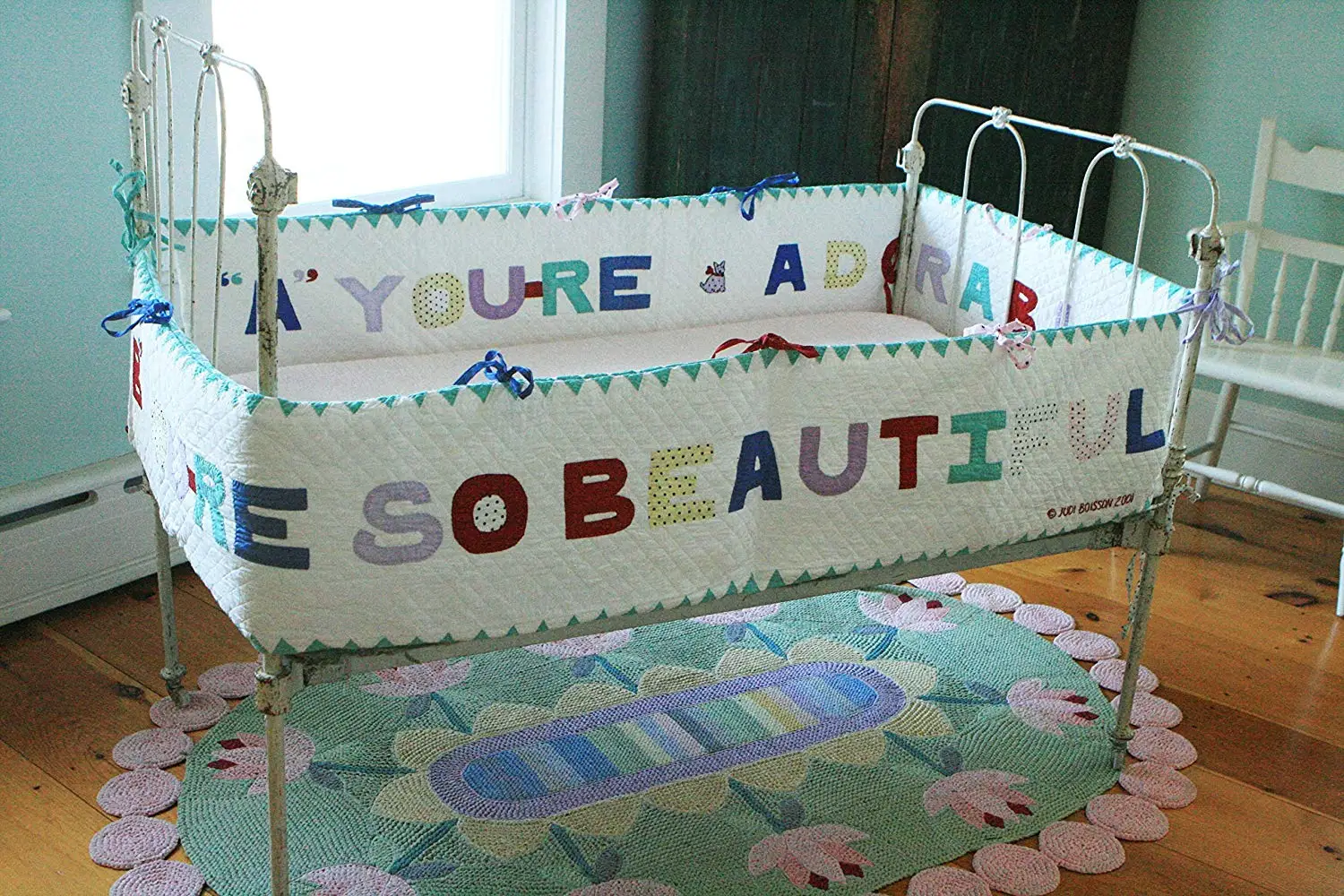 Designed by Judi Boisson. "A" You're Adorable" "B" You're so Beautiful ! Colorful Letters on a White Background. Reversible. Cotton.