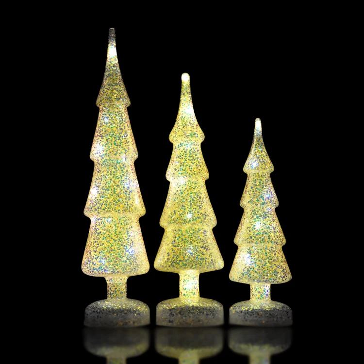 set 3 blown led christmas glass tree with glitters inisde factory direct sale manufacture