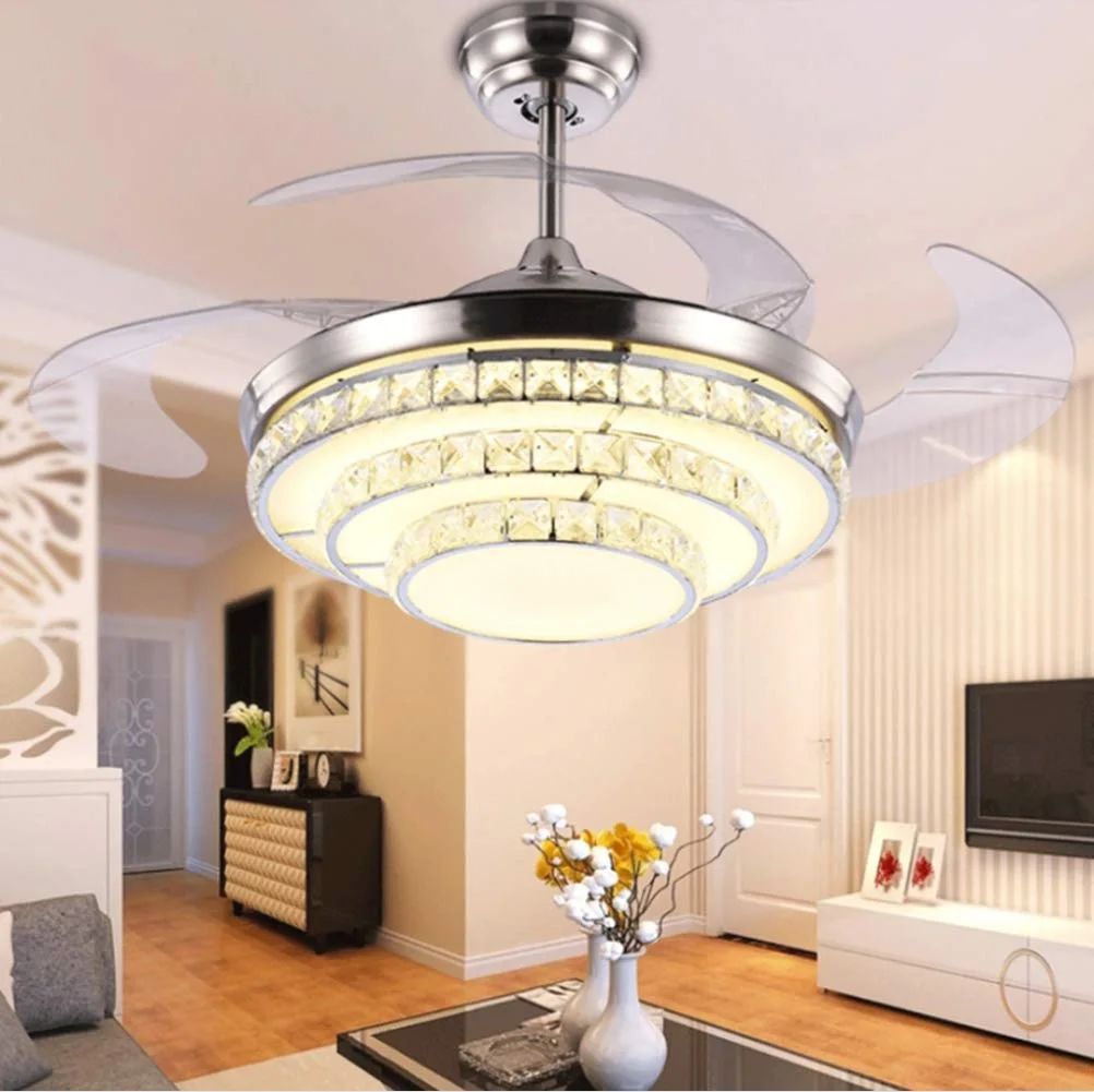42" Invisible LED 3-Color Ceiling Fan Light Remote Control Crystal Chandelier 