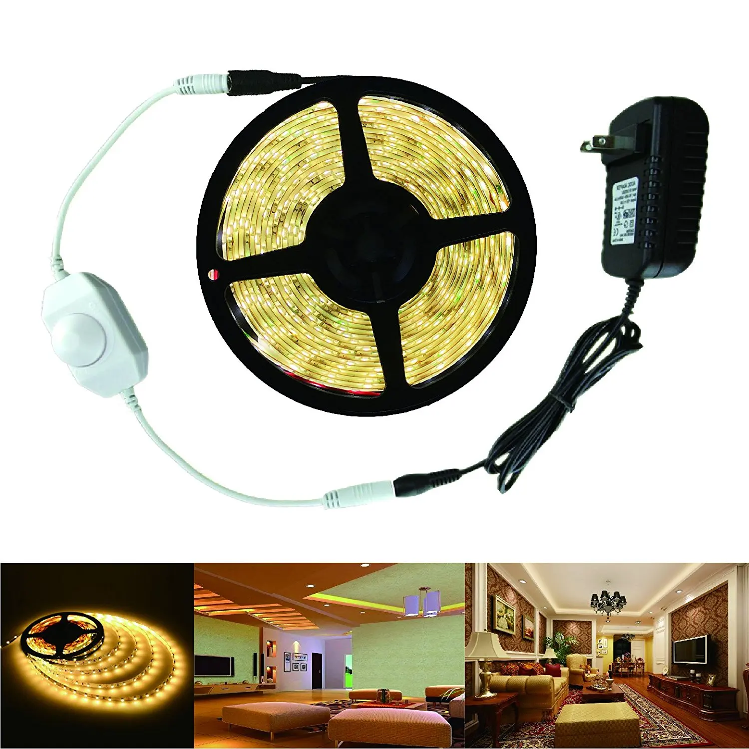 Uplights SMD 3528 Warm White LED Light Strip Kit 4500K 300 LEDs IP65 Waterproof - Includes 2A Power Supply (24 Watt) and Dimmer - LED Tape Light