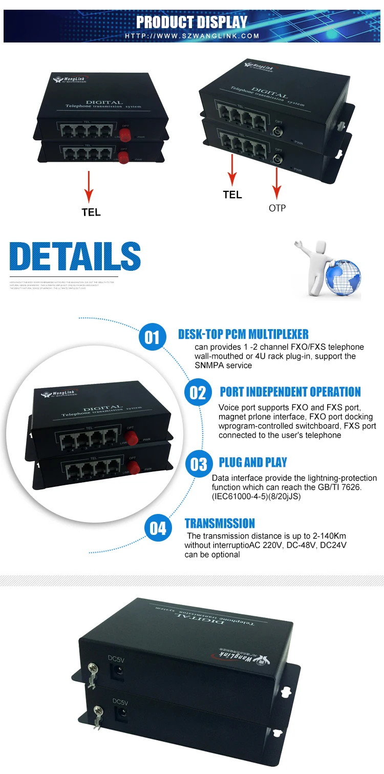 4 Port Telephone Fiber Optic Converter Rj11 Phone Line Multiplexer