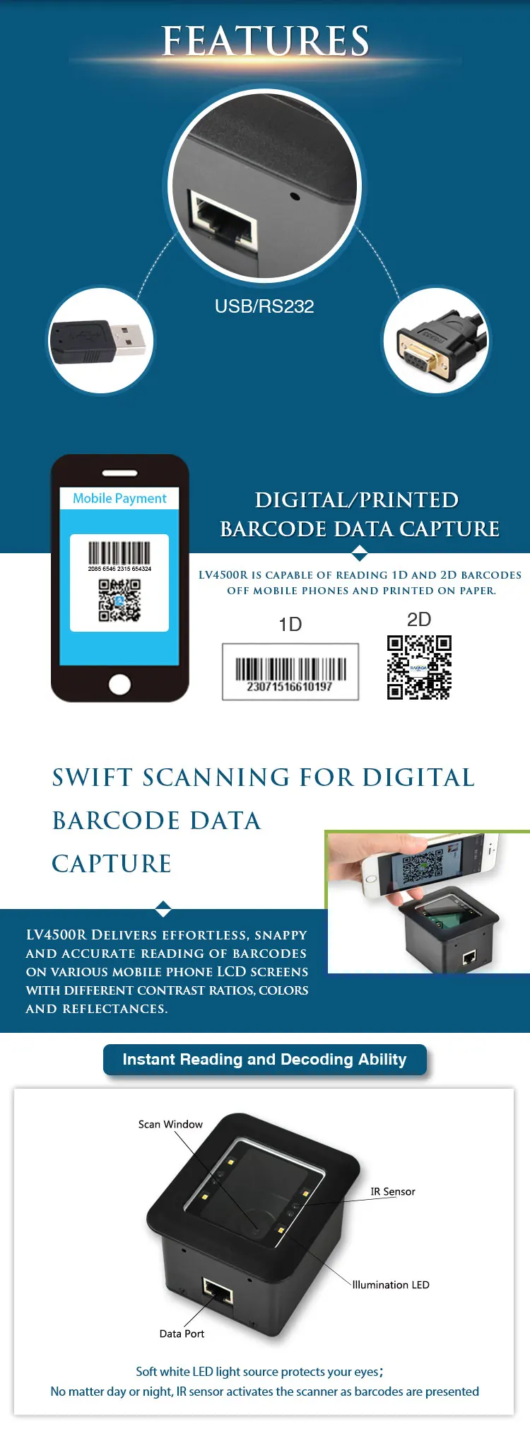 Best Selling 1D 2D CMOS LCD Screen Barcode QR Code Scanner USB RS232 For Self Service Kiosk Terminal