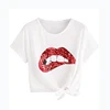 Custom Sequin Shirt Womens Short Sleeve Tie Front Knot Casual Loose Fit Tee Sequin Red Lips T Shirt