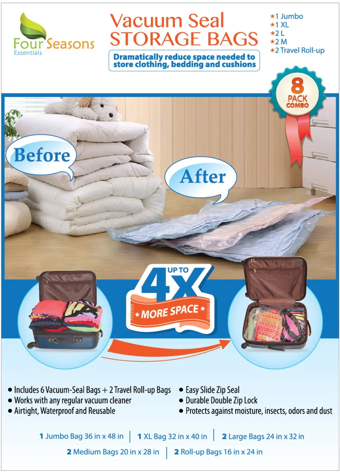Vacuum Storage Bags, 8 Multi-size Premium Quality Space Saver Compression Bags (Jumbo, XL, Large, Medium, Travel Roll-up) - Ideal for Clothing, Comforters, Pillows, Bedding