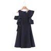 Custom short sleeves ruffled irregular casual black woman dress