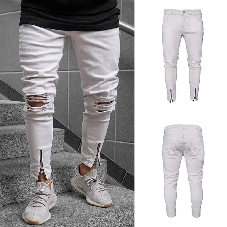 Guangzhou Fast Delivery Cheap Men's trousers with holes in zipper white jeans