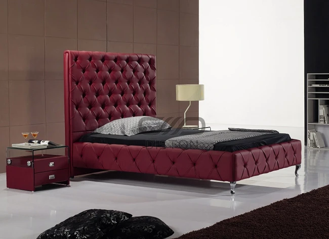 Simple Designs High Headboard Red Color Queen Size Tufted Leather Bed ...