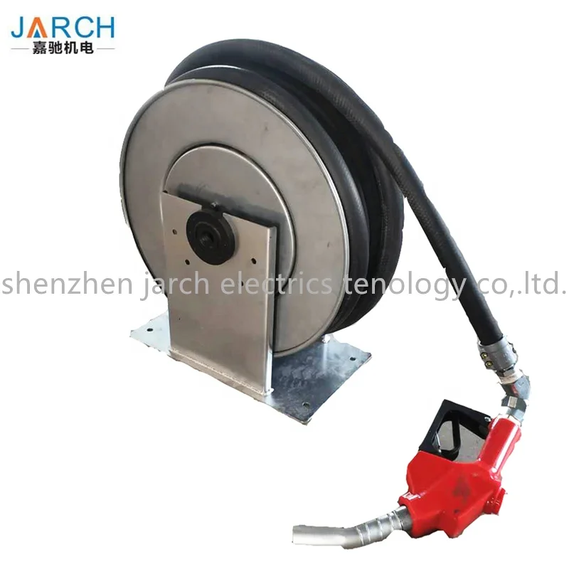 Spring rewind retractable fuel hose reel with hand nozzle