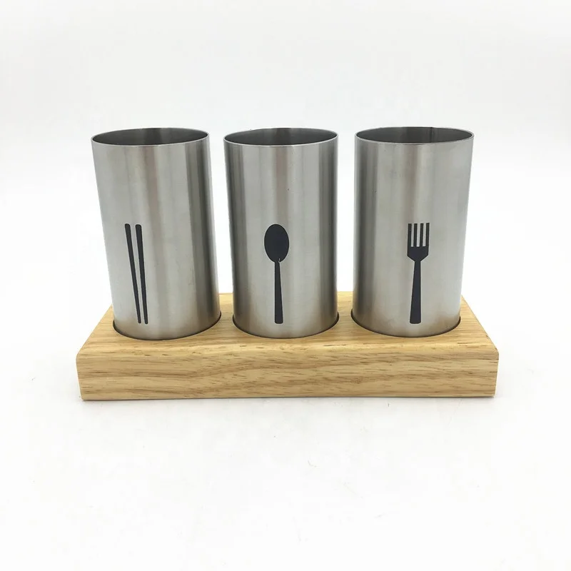 Wooden Base Stainless Steel 3 Compartment Restaurant Utensil Cutlery