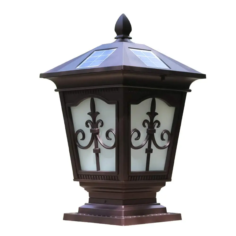 Hines European Waterproof Solar Energy Column Lamp Traditional Victoria Glass Lantern Aluminum Outdoor Table Lamp Fence Door Post Pillar Decoration Lighting Fixture (Color : Flower, Size : M)