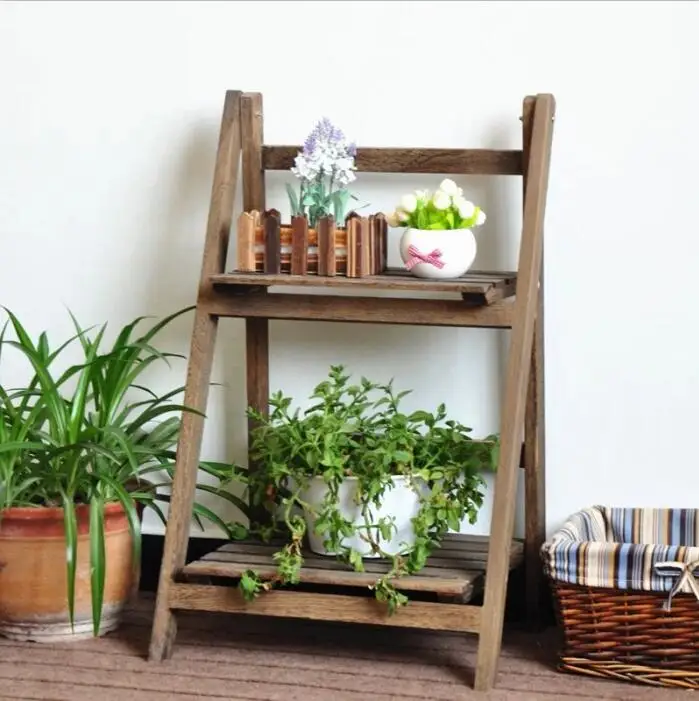 Wholesale Multi Functional Two Layer Wooden Flower Display Pot Rack