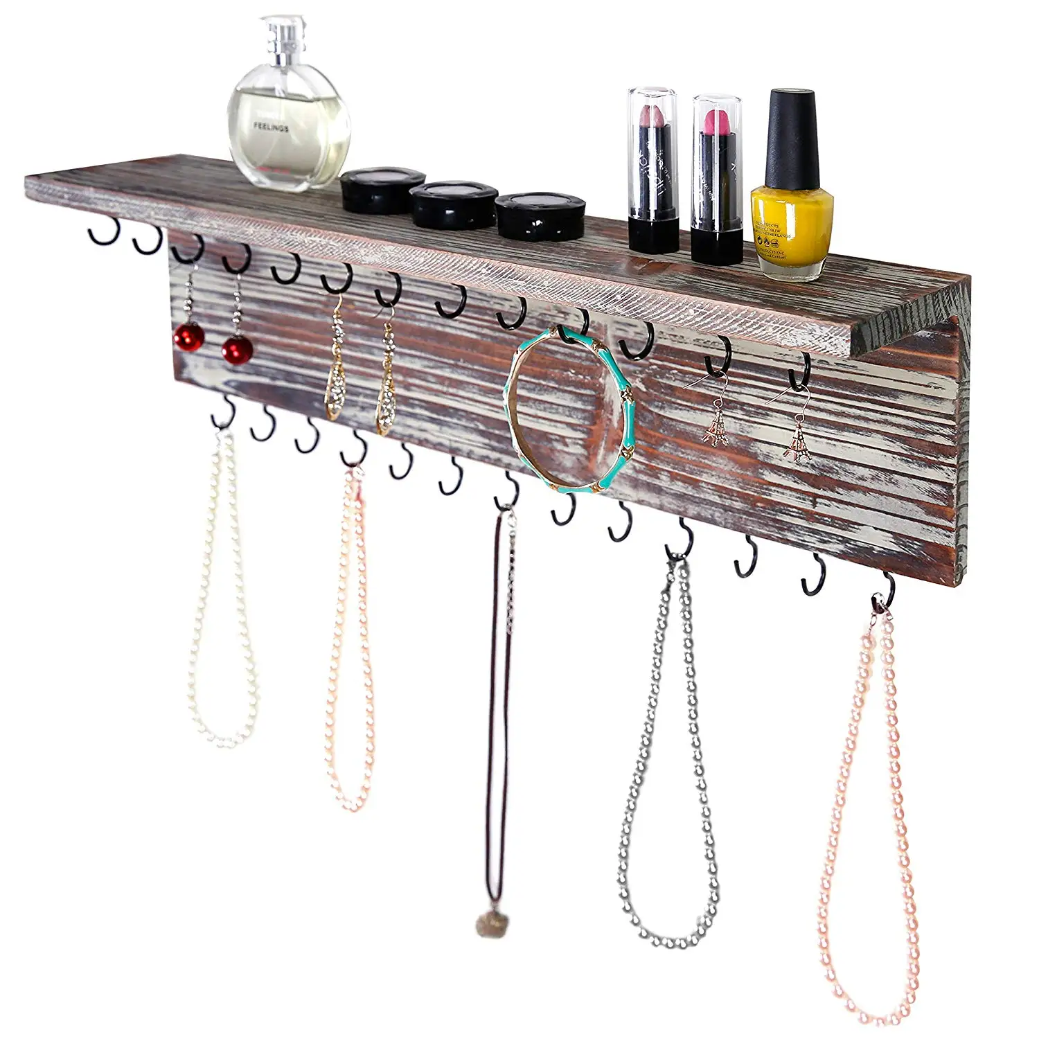 Wooden Wallmounted Jewelry Organizers With Mesh Earring Holder With Hooks,Jewelry Hangers For
