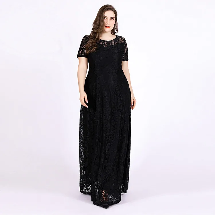 Wholesale Black Sexy Lace Short Sleeve Maxi Plus Size Evening Dresses 5531