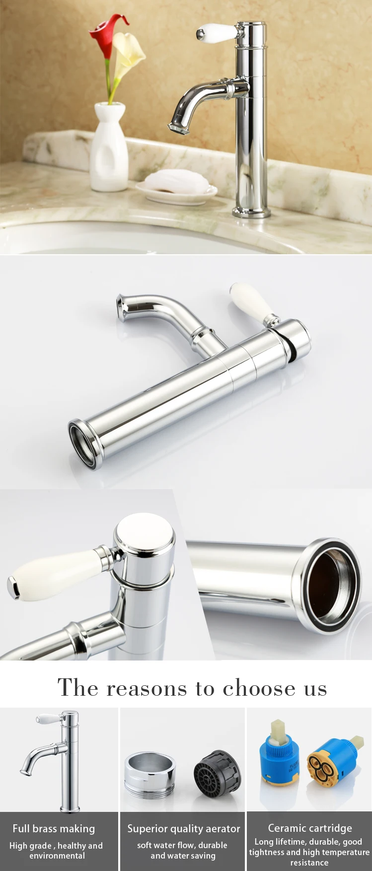 WIDE Luxury Antique Brass handle Bathroom Basin Faucet, Ceramic Handles Vessel Sink Mixer Tap,chrome silver