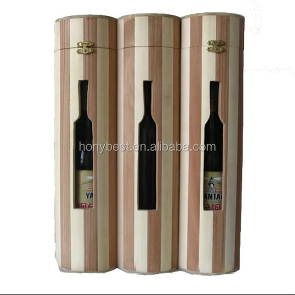 Custom Logo Paulownia Round Tube Wine Glass Bottle Gift Box with Rope Handle HY16029
