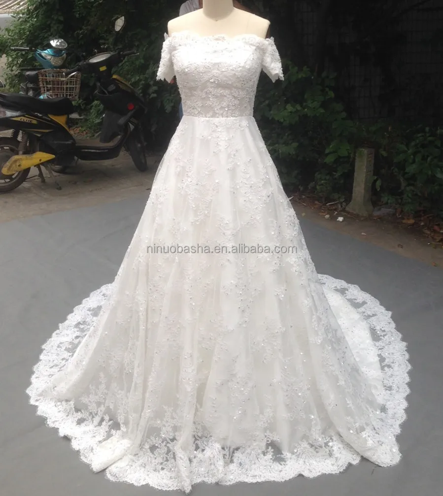 Real 2014 Off-Shoulder Short Sleeve Beaded Lace-up Lace Ball Gown