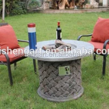 Wicker Base Stone Table Top Gas Fire Pit Table