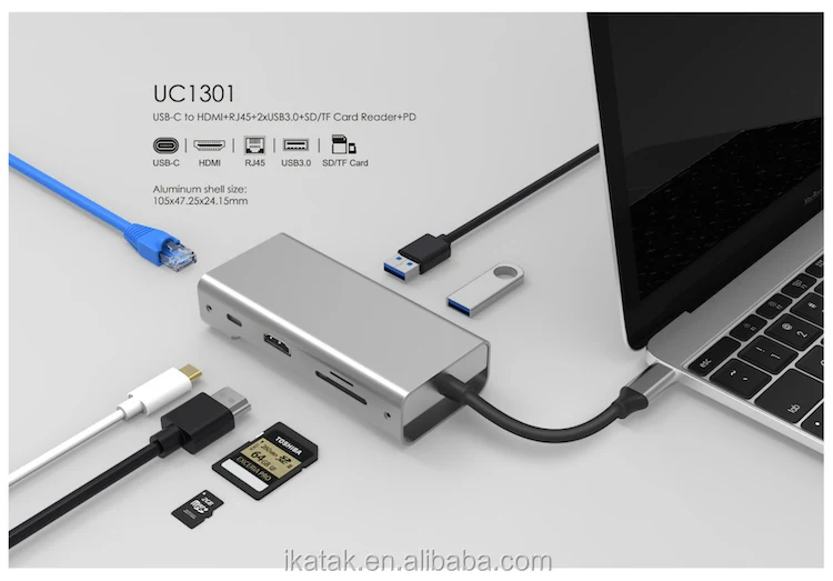 2019 New Arrivals Sink Heat Design 7 in 1 Adapter HDMI RJ45 USB3.0 TF SD card Reader USB Type-C Hub