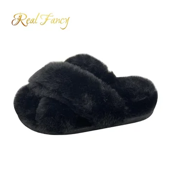 Winter Warm Black Fluffy Slides Women 