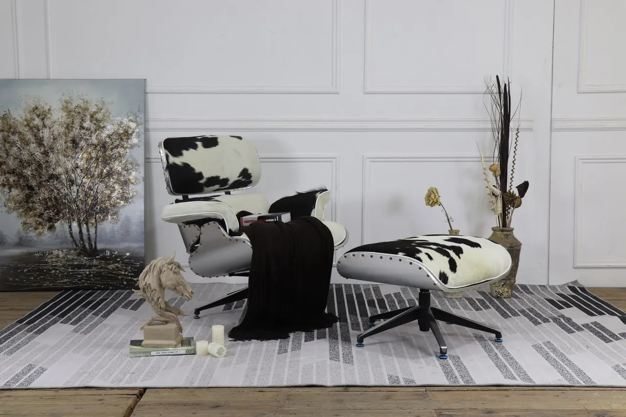 Animal Cowhide Skin Leather Black And White Chaise Lounge Chair