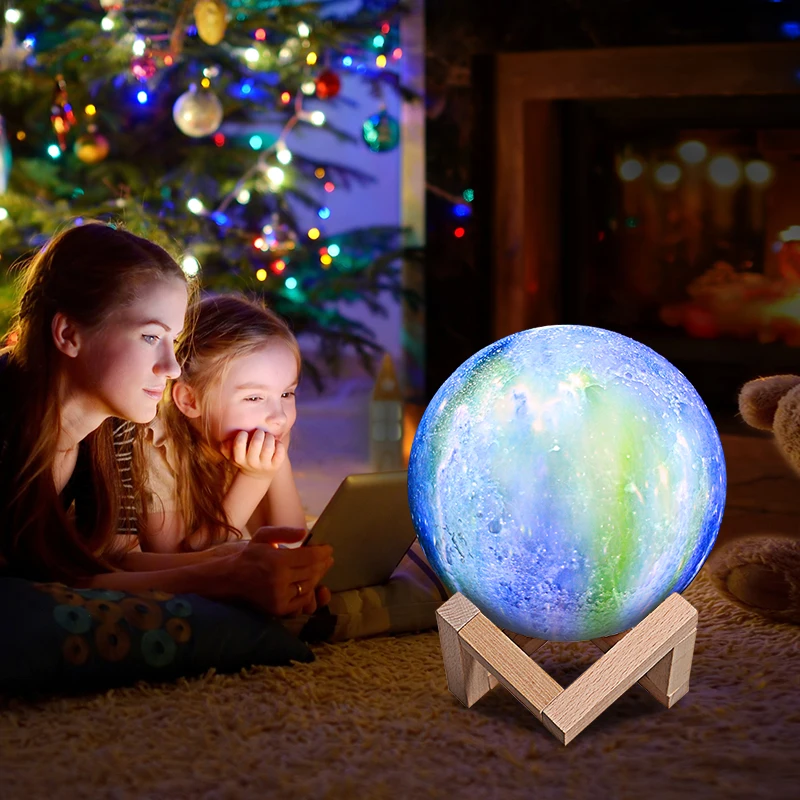 4 inches color decorative blue sky 3D printed moon light, touch control 2 or 3 colors night light