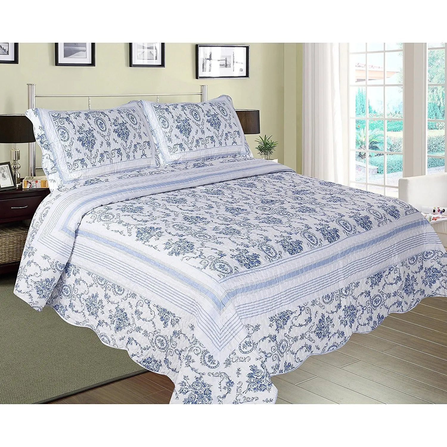 3pc Blue White Queen Quilt Set, Polyester, Floral Medallion Themed Bedding Classic Gorgeous Cottage Stylish Shabby Chic Vintage Scalloped Flower Stripe Antique