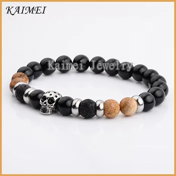 Top Fashion Elastic Black Onyx And Lava Rock Stone Stainless Steel Top Fashion Elastic Black Onyx And Lava Rock Stone Stainless Steel Skull Bracelet Meaning