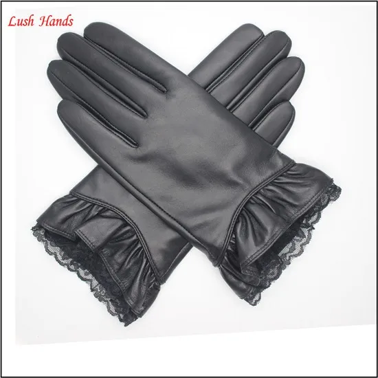 ladies genuine sheepskin leather fashion lace gloves