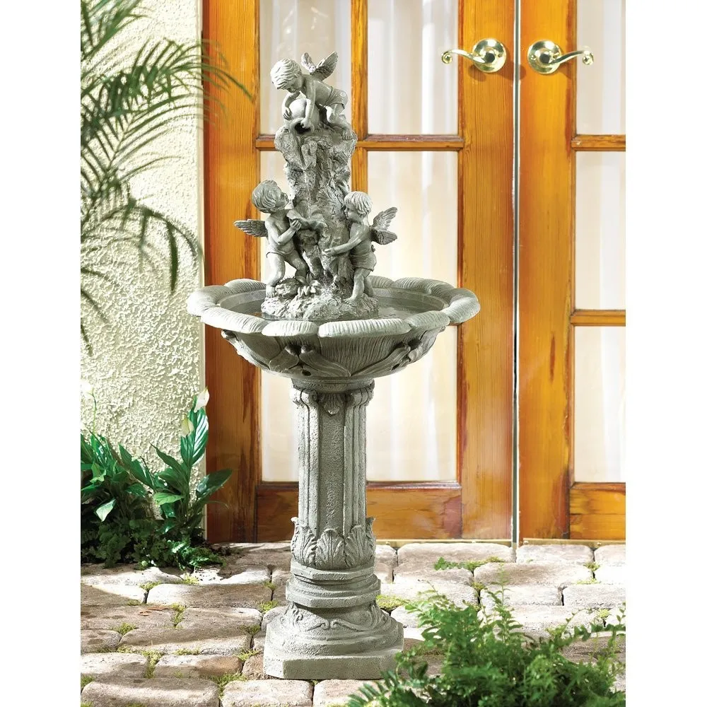 Resin Playful Angel Statue Garden Water Fountain Outdoor Cherub