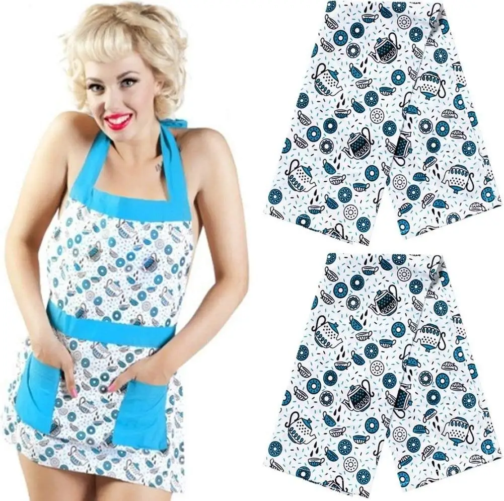 Waverly 4-Piece Tan /& Cream Patterned Apron and Kitchen Towel Hostess Set