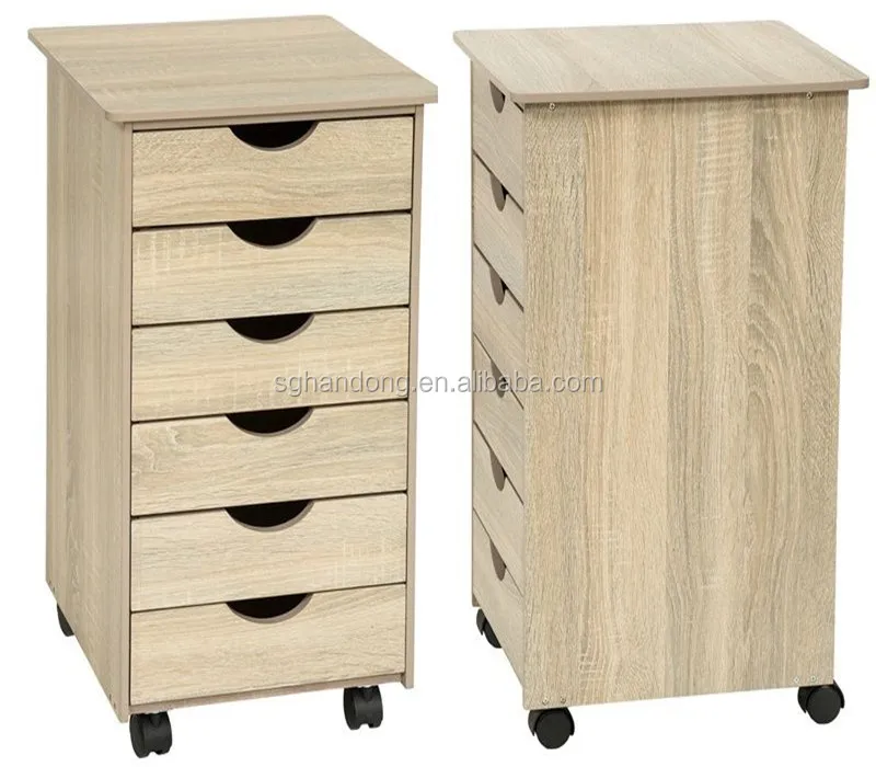 Wood Rolling Office Drawer Storage Cabinet 6 Drawers Unit Under