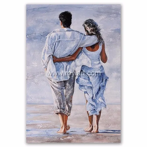 热卖印象派浪漫情侣走在海滩油画家居装饰