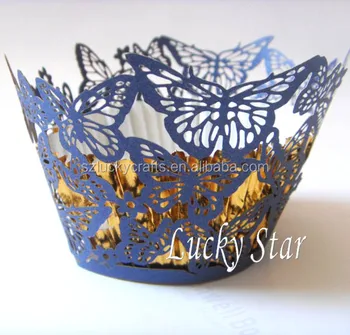 Laser Cut Hollow Out Azul Marino Mariposa Papel Cake Cup Cupcake