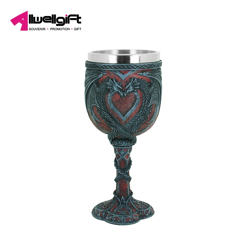 Classical Double dragon Resin Stainless Steel 3D Drinking Mug jeweled dragon wine Goblet