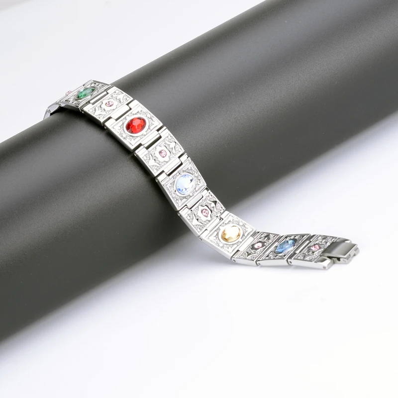 Luxury Magnetic Silver Stainless Steel Bracelet with Colorful Rhinestone